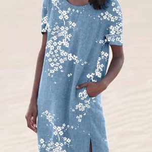 JFN Round Neck Floral Casual Midi Dresses, Dresses, color:Blue|size:XXL, JustFashionNow