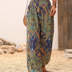 Womens Loose Ethnic Boho Pants, Pants, color:Green|size:XXL, JustFashionNow