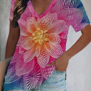 JFN V Neck Floral Casual T-Shirt/Tee, T-Shirts, color:Multicolor|size:3XL, JustFashionNow