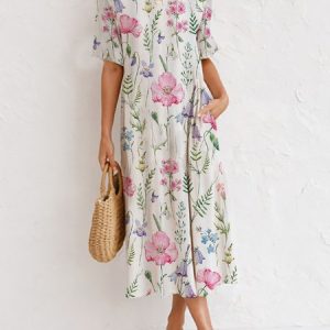 JFN Round Neck Floral Elegant Casual Midi Dress, Dresses, color:Off White|size:XXL, JustFashionNow