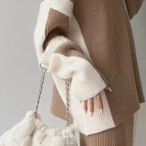 Urban Commuting Color Block Sweater Two-Piece Set, Suit Set, color:Coffee|size:One-size, JustFashionNow