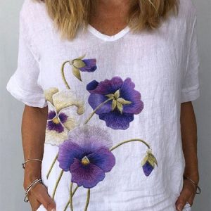 Cotton And Linen Embroidery Casual Pansies Floral Shirt, Shirts & Blouses, color:White|size:XXL, JustFashionNow