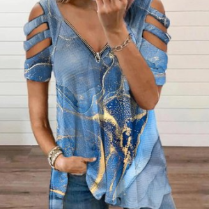 JFN V Neck Cut-Out Marbling Casual Blouse, T-Shirts, color:Blue|size:XXL, JustFashionNow