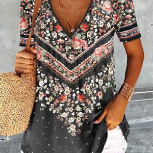 JFN V Neck Tribal Ethnic Design Short Sleeve Tunic Top, Shirts & Blouses, color:Black|size:XXL, JustFashionNow