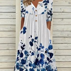 JFN Crew Neck Button Floral Vacation Midi Dress, Casual Dresses, color:White|size:3XL, JustFashionNow