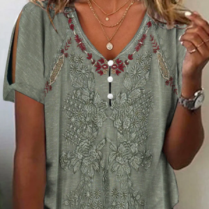 Women Ethnic Short Sleeve Blouse Summer Buttoned V Neck Daily Casual Top, JustFashionNow Blouses, color:Green|size:XXL,
