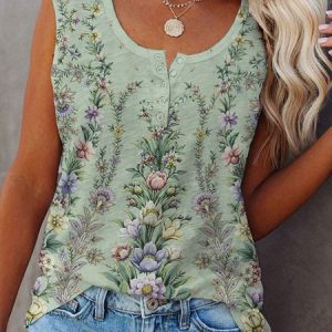 JFN Round Neck Floral Vacation Top, Tanks & Camis, color:Green|size:XXL, JustFashionNow