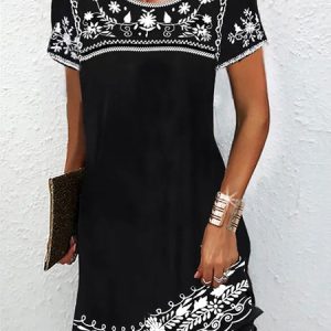 Women Ethnic Crew Neck Short Sleeve Comfy Elegant Mini Dress, Short, color:Black|size:XXL, catalog Noracora shop