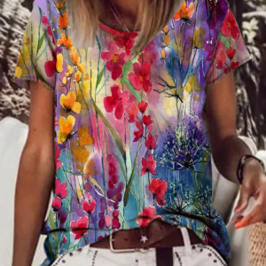 JFN Round Neck Floral Vacation T-Shirt/Tee, T-Shirts, color:Purple|size:3XL, JustFashionNow