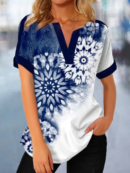 Ombre V Neck Casual Blouse, Shirts & Blouses, color:Blue|size:XXL, JustFashionNow