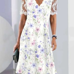 Floral Knitted V Neck Vacation Dress, Midi Dresses, Roselinlin - Online Catalog