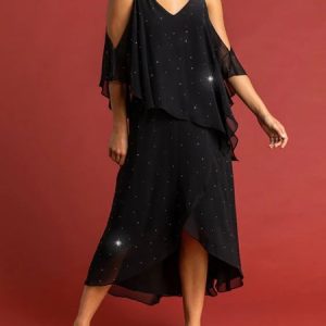 Strapless Chiffon Fluttering Party Hot Drilling Women's Dress, Dresses, color:Black|size:XXL, JustFashionNow