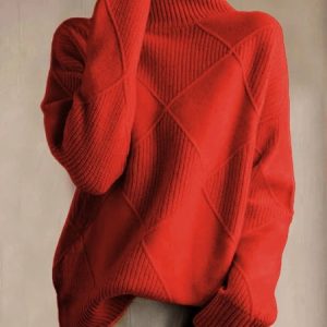 Women Cable Knit Turtleneck Sweater Winter Pullover, Sweaters, color:Red|size:XXL, JustFashionNow
