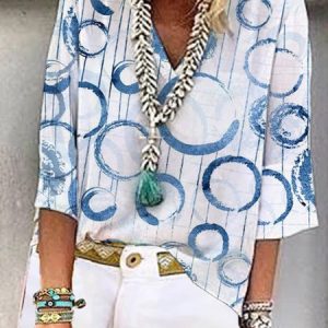 JFN V Neck Geometric Stripes Casual Blouse, Shirts & Blouses, color:Multicolor|size:XXL, JustFashionNow