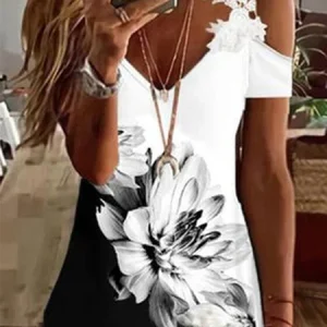 JFN V Neck Cold Shoulders Floral Lace Vacation T-Shirt/Tee, T-Shirts, color:Black|size:XXL, JustFashionNow
