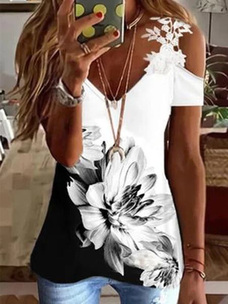 JFN V Neck Cold Shoulders Floral Lace Vacation T-Shirt/Tee, T-Shirts, color:Black|size:XXL, JustFashionNow