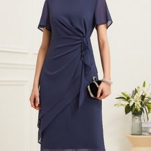 Elegant Crew Neck Plain Chiffon Dress, Dresses, color:Dark Blue|size:XXL, JustFashionNow