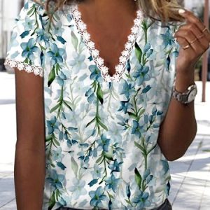 Casual V Neck Regular Fit Floral T-Shirt, T-Shirts, color:White|size:XXL, JustFashionNow