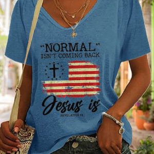 Casual V Neck Flag Loose T-Shirt, T-Shirts, color:Blue|size:XXL, JustFashionNow