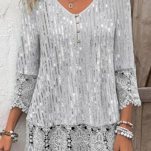 Lace Casual Ombre Crew Neck Shirt, Shirts & Blouses, color:Gray|size:XXL, JustFashionNow