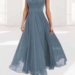 Chiffon V Neck Elegant Plain Lace Dress, Dresses, color:Light Blue|size:XXL, JustFashionNow