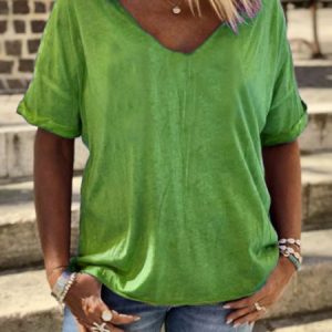 Plain Cotton-Blend V Neck Casual T-shirt, Tees & T-shirts, Roselinlin - Online Catalog