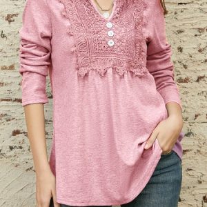 Lace Notched Casual Loose Ruched Blouse, JustFashionNow Blouses, color:Pink|size:XXL,