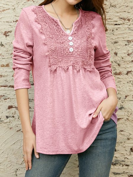 Lace Notched Casual Loose Ruched Blouse, JustFashionNow Blouses, color:Pink|size:XXL,