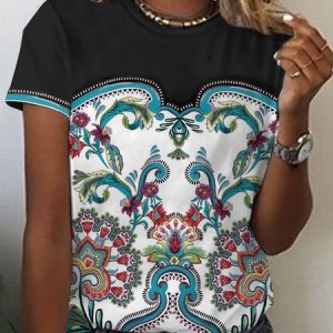 Casual Crew Neck Ethnic Tops, T-Shirts, color:Multicolor|size:XXL, JustFashionNow