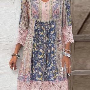 Loose Casual V Neck Ethnic Dress, Dresses, color:Pink|size:XXL, JustFashionNow