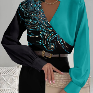 Loose Stand Collar Casual Abstract Blouse, JustFashionNow Blouses, color:Green|size:XXL,