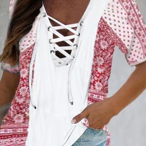 JFN V Neck Lace-Up Floral Casual Mexican Blouse, T-Shirts, color:Red|size:XXL, JustFashionNow