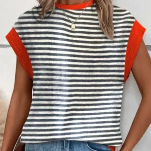 Loose Striped Simple Crew Neck T-Shirt, T-Shirts, color:Black-white|size:XXL, JustFashionNow