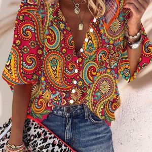 JFN V Neck Tribal Loosen Casual Shirt, Shirts & Blouses, color:Red|size:XXL, JustFashionNow