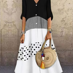 JFN V Neck Colorblock Buttoned Vacation Casual Midi Prom Dress, Dresses, color:Black|size:XXL, JustFashionNow