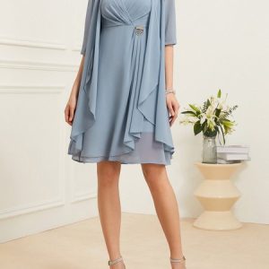Plain Square Neck Elegant Chiffon Two-Piece Set, Suit Set, color:Light Blue|size:XXL, JustFashionNow