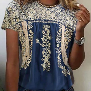 JFN Crew Neck Floral Tribal Mexican Blouse, T-Shirts, color:Blue|size:3XL, JustFashionNow