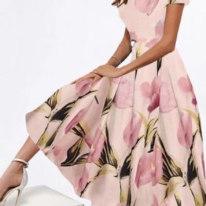 JFN Square Neck Floral Formal Vacation Midi Dresses, Floral Dresses, color:Pink|size:3XL, JustFashionNow