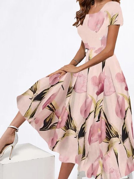 JFN Square Neck Floral Formal Vacation Midi Dresses, Floral Dresses, color:Pink|size:3XL, JustFashionNow