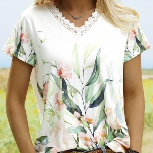 Flower leaf lace top T-shirt, T-Shirts, color:Green|size:XXL, JustFashionNow