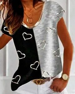 Basics Cotton Blends Shirt Sleeve Geometric heart Color Block Shirts & Tops, T-Shirts, color:Black-grey|size:3XL, JustFashionNow