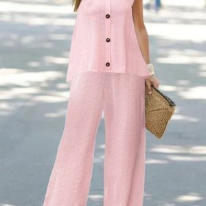 Loose Casual Buckle Crew Neck Two-Piece Set, Suit Set, color:Pink|size:XXL, JustFashionNow