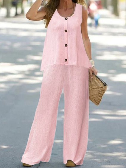 Loose Casual Buckle Crew Neck Two-Piece Set, Suit Set, color:Pink|size:XXL, JustFashionNow