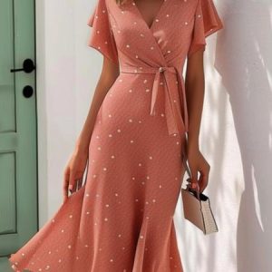 Elegant Loose Polka Dots V Neck Dress With Belt, Dresses, color:Nudepink|size:XXL, JustFashionNow