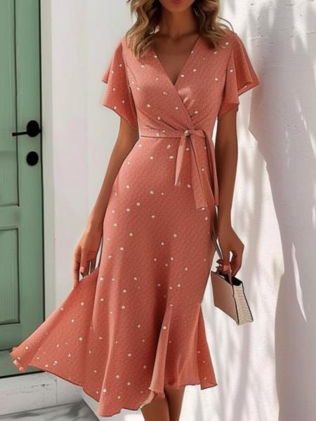 Elegant Loose Polka Dots V Neck Dress With Belt, Dresses, color:Nudepink|size:XXL, JustFashionNow