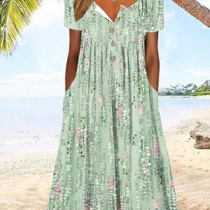 Women Floral Crew Neck Short Sleeve Comfy Casual Buttoned Maxi Dress, Midi, color:Green|size:XXL, catalog Noracora shop