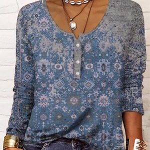 Women's  Red Geometric Printed Long Sleeve Home Casual Basic Scoop Neck Standard Relaxed Fit t-shirt, T-Shirts, color:Blue|size:XXL, JustFashionNow