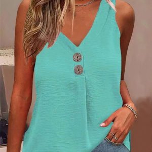 Buttoned Casual V Neck Plain Tank Top, Tanks & Camis, color:Blue|size:XXL, JustFashionNow