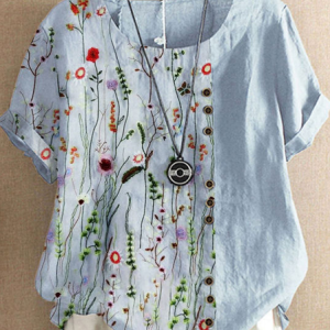 Casual Linen Floral Short Sleeve Top, Blouses & Shirts, Roselinlin - Online Catalog