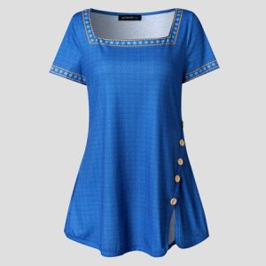JFN Square Neck Summer Plain Short Sleeve Button Split Tunic Top, Shirts & Blouses, color:Blue|size:XXL, JustFashionNow